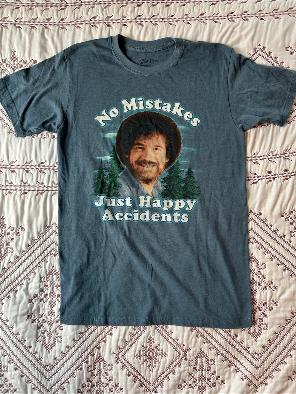 Bob Ross Slate Blue Graphic Crewneck Tee - No Mistakes Just Happy Accidents